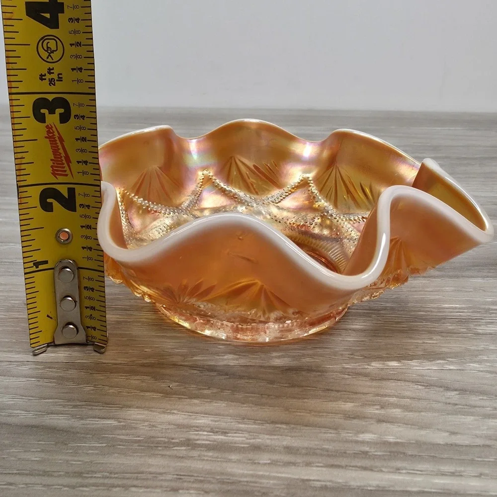 Dugan Ski Star Style‎ Ruffled Bowl - Peach Opal Carnival Glass 6